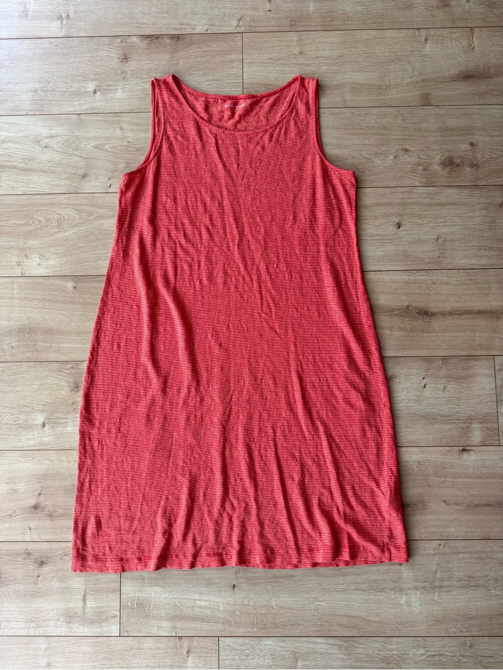 Eileen Fisher Orange Stripe Linen Midi Dress Sleeveless Shift Small Coral